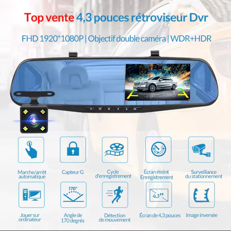 Rétroviseur intelligent pour véhicule (Caméra embarquée HD 1080P Avant et Arrière)